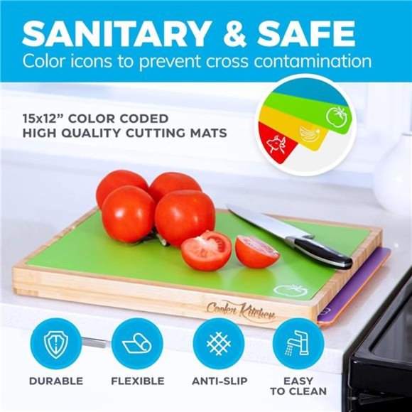 Cutting Board Set Easy-to-Clean Bamboo Wood Board with 6 Color-Coded Flexible - Picture 2 of 7